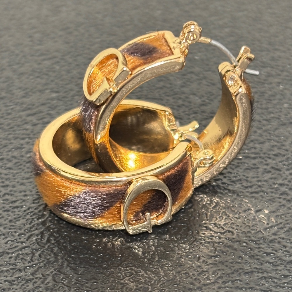 G Guess Faux Fur Animal Print Gold Tone Hoop Earrings